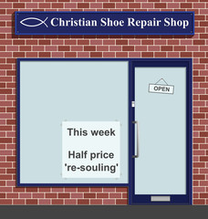 Obraz premium Christian shoe repair shop with half price resouling