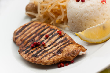 Grilled turkey fillet ,rice,soy sprouts and vegetable salad