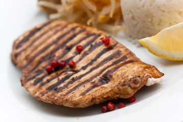 Grilled turkey fillet ,rice,soy sprouts and vegetable salad