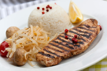 Grilled turkey fillet ,rice,soy sprouts and vegetable salad