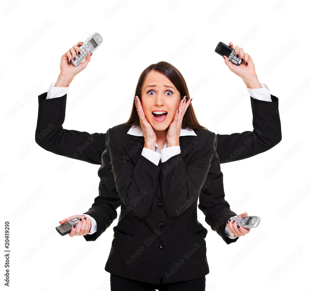 Wall mural stressed woman with telephones