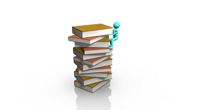 3D man climbing a pile of books