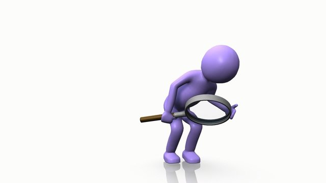 Purple 3D man looking through a magnifying glass