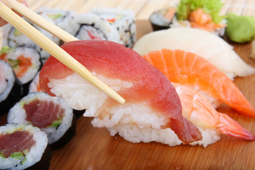 Set of sushi and chopsticks- healthy food