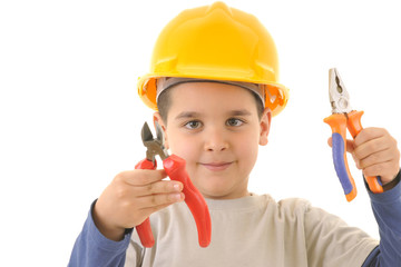 Little kid as a construction worker holding pliers