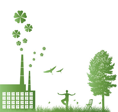 ecology illustration with green factory and people. harmony