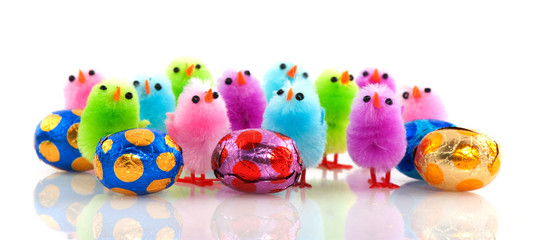 Fototapeta na wymiar Easter chicks with eggs