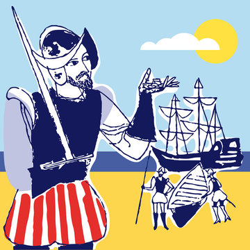 Discovery america Spanish soldier, 1492, vector illustration