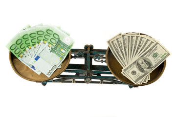 Dollar und Euro auf Waage. Unterschiede der Währungen