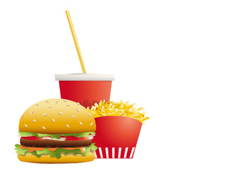 Menu fast-food-frites,soda,hamburger sur fond blanc