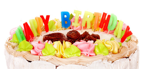 Cake with white cream and chocolate.Isolated.