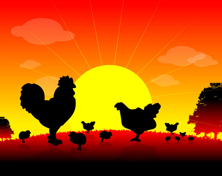 farm animals, Herd of Hens, cock, chickens on nature background,
