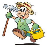 Cartoon Gärtner Strohhut Rechen Gießkanne" Stock image and