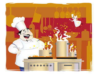 chef en su cocina y hada del sabor © ilya