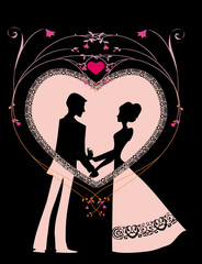 pareja en silueta sobre un corazon rosa en fondo negro