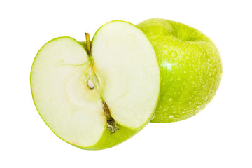beautiful juicy green apple with water drops isolated on white