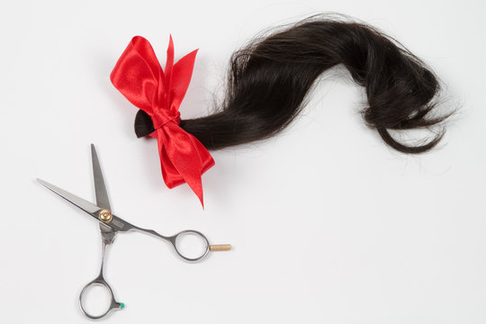 Brown Hair In Ponytail Cut With Scissors