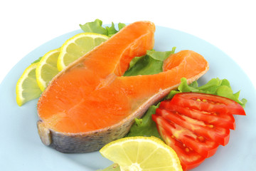 salmon steak on blue dish