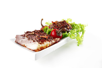 served beef steak on plate