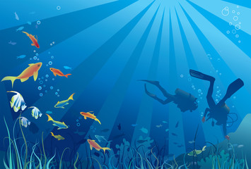 Fototapeta na wymiar Scuba divers, sea life. Vector illustration