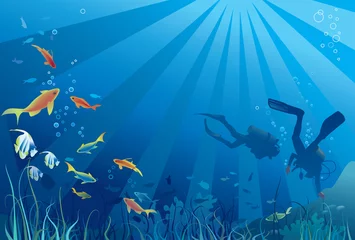 Papier peint photo autocollant rond Sous-marin Plongeurs sous-marins, vie marine. Illustration vectorielle
