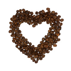 Heart symbol made of coffee beans isolated on white background