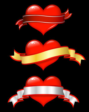 Shiny Red Hearts With Scrolls