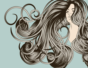Woman's face with detailed flowing hair - 20484431