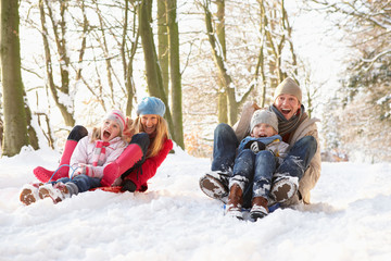 Fototapeta na wymiar Rodzina saneczkowy Przez Snowy Woodland