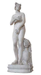 Statue of a nude Venus covering her body isolated on white © kmiragaya