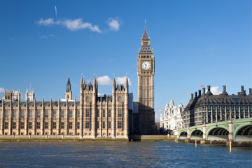 Fototapeta na wymiar The Big Ben , the Houses of Parliament and Westminster Bridge in