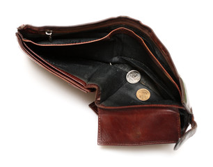 battered empty purse with two coins