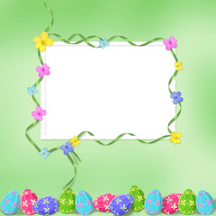 Pastel background with colored eggs to celebrate Easter