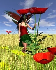 Photo sur Plexiglas Fées et elfes Fée coquelicot rouge avec fond de champ de maïs