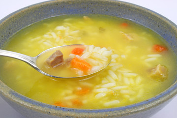 Close view of chicken with rice soup