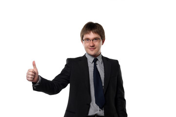 thumbs up of young manager isolated over white background