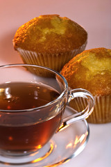 Tea time. Cousine still life with cake and tea cup