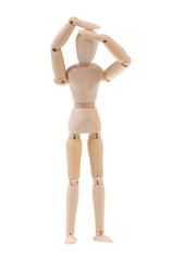 Wooden mannequin with a headache isolated on white background