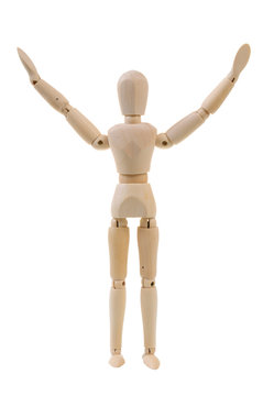 Wooden mannequin with arms up isolated on white background