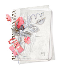 old paper stack with flowers and gift