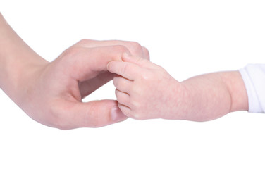 Baby Holding Mothers hand isolated on white.