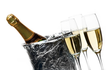 Champagne flutes and ice bucket