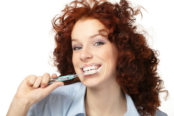 Young beauty woman clean teeth