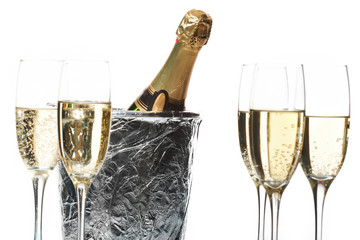 Champagne flutes and ice bucket