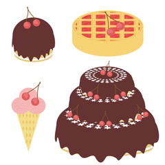 cherry cake, pie and ice cream