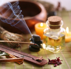 Still Life with aroma sticks in the spa salon.