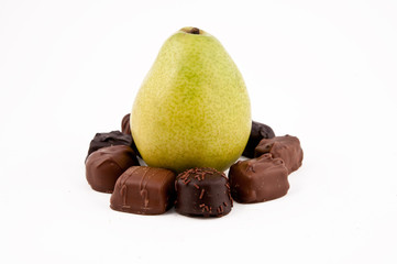 Pear surrounded with chocolate