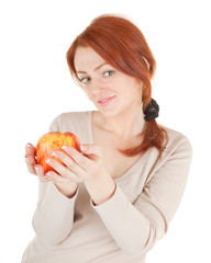 redhead girl with apple