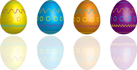 Four decorated and reflected easter eggs in matching colors.