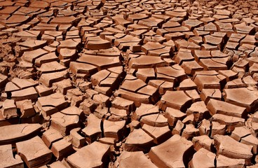 Close up macro of deep cracks in dried up soil. Natural disaster, climate change, global warming,...